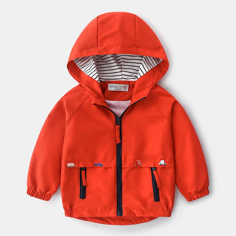 1 2 3 4 5 6 Years Spring Autumn Boys Coats Patchwork Cartoon Car Pattern Hooded Windbreaker Leisure Overcoat For Kids