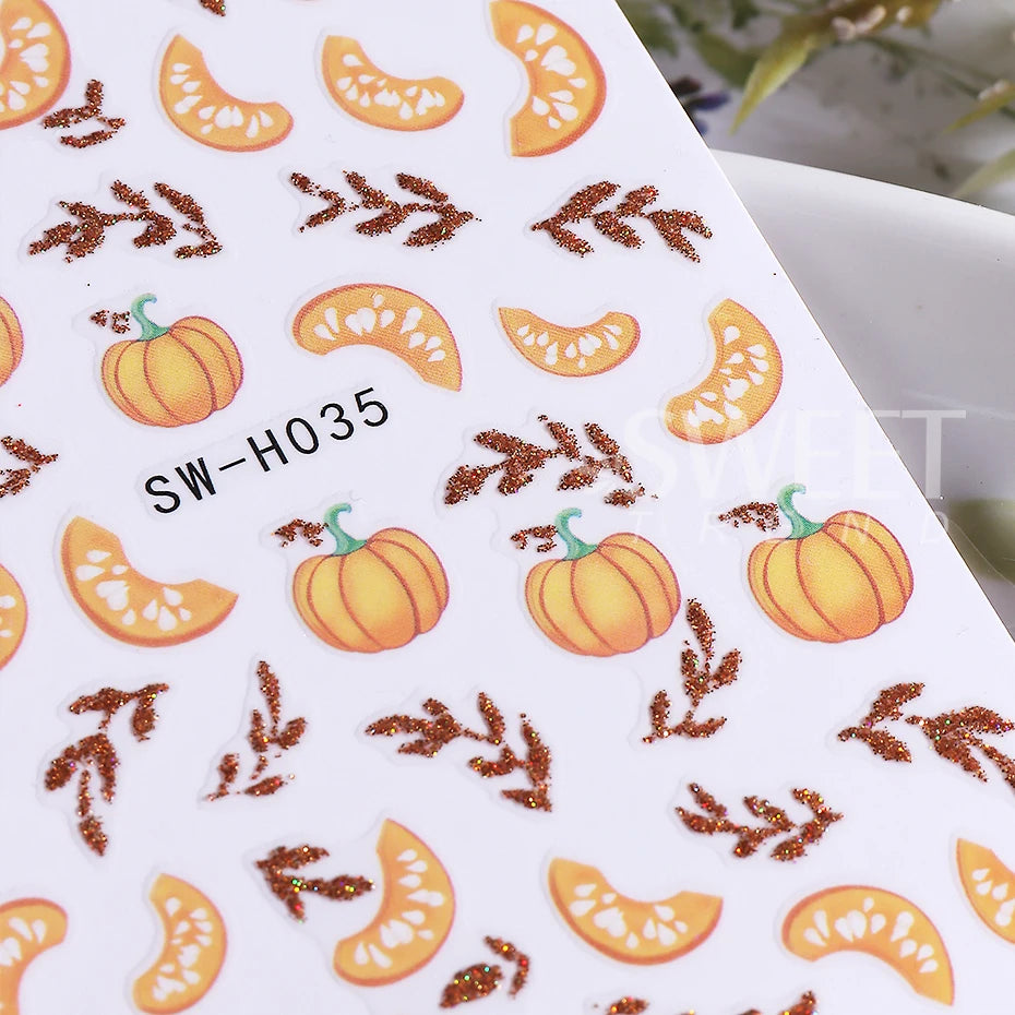 2pcs Autumn Pumpkin Nail Stickers 3D Maple Leaf Pine Fruit Self-Adhesive Nail Decals Slider DIY Thanksgiving Manicure Decoration
