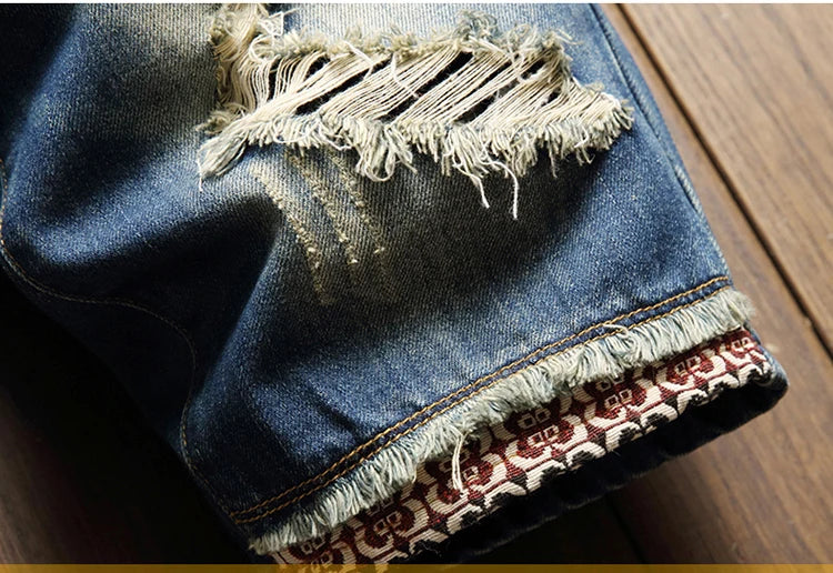 2025 Summer Ripped Denim Shorts Men's Loose Splicing Knee-length Casual Short Jeans Personality Streetwear Hip Hop Male Clothes