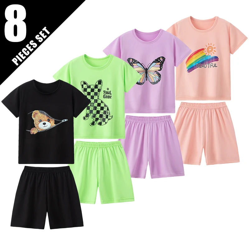 8/2 Pcs Children's Summer Cute Printing Suit Boy Casual Fashion Pocket Bear Short Sleeve Girl Sweet And Cute Joker Comfort Short