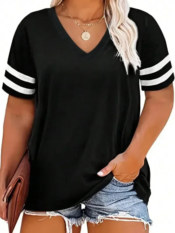 Women Fashion Plus Size V-neck Summer Color Blocked T-shirt Summer Loose Top Short Sleeved Casual T-shirt 1XL-8XL