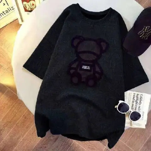 CGC Korean Fashion Women Oversized T-shirt Casual Bear Printing Short Sleeve Tees Summer Female Loose Tops Simple O-Neck T-shirt
