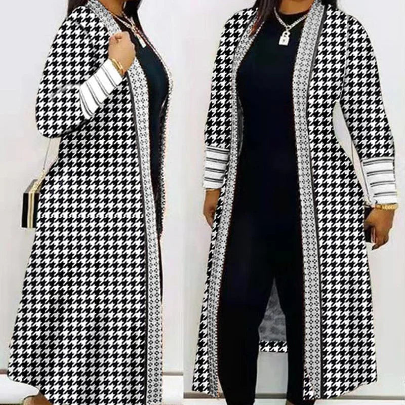V Neck Casual Loose Female Print Long Outerwear Vintage Patchwork Streetwear Open Stitch Coats Long Sleeve Office Women Jackets