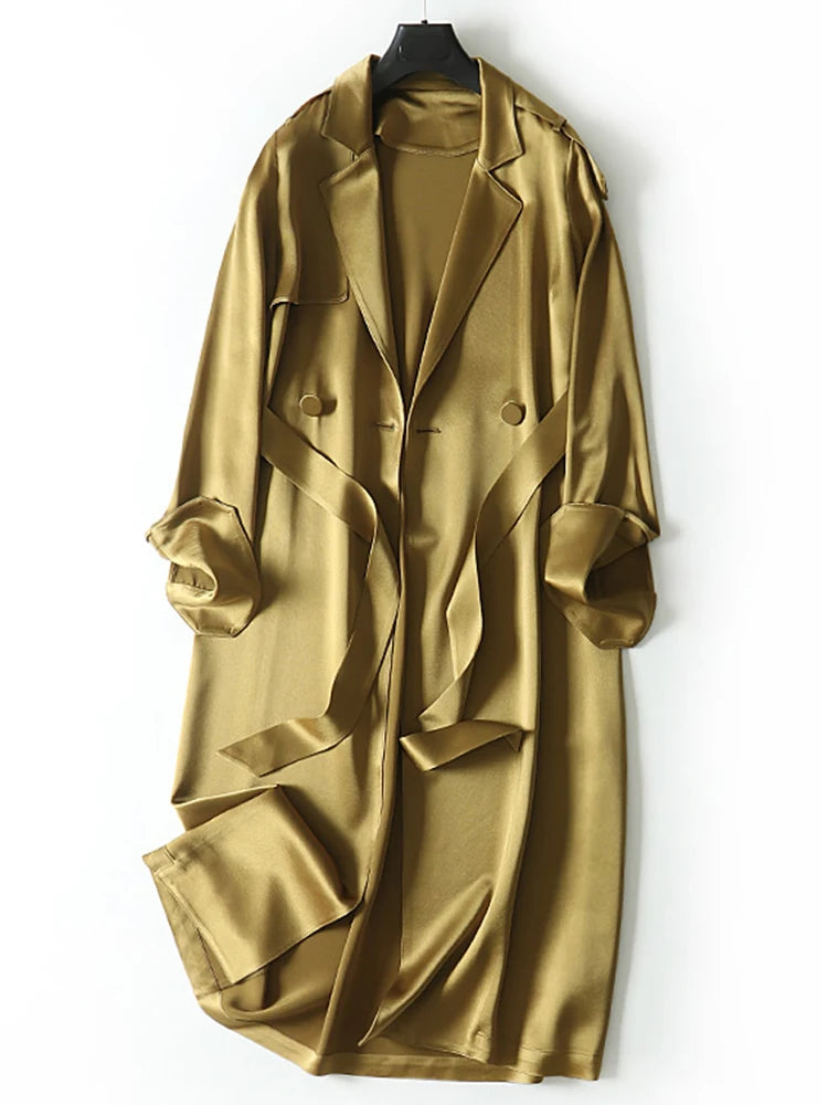 Lautaro Spring Autumn Long Soft Luxury Elegant Flowy Satin Acetate Trench Coat for Women High Quality Chic British Fashion 2022