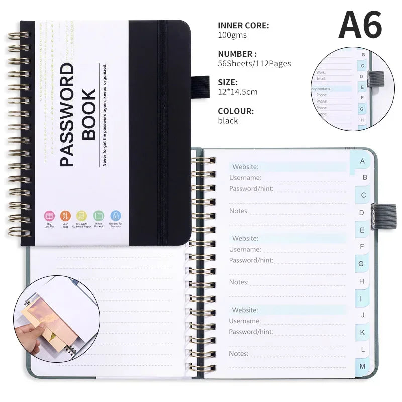 A6 Password Book Strap Spiral Notebook Website Username Password Record Notebook 56 Sheets Password Keeper Book Paper Stationery