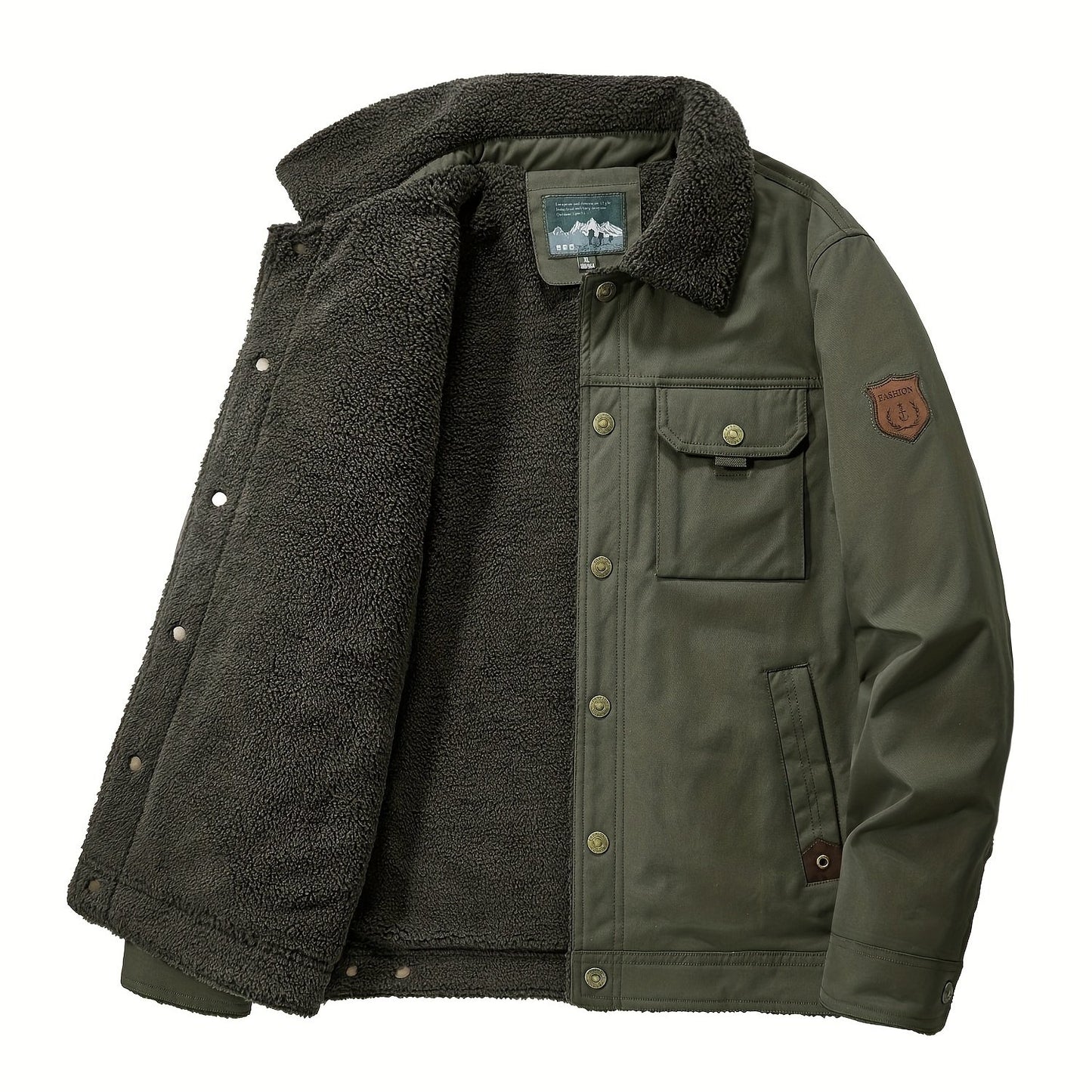 Men's Premium Fleece Windbreaker Jacket - Water-Resistant, Multi-Pocket, Lapel Collar, Casual, Breathable, Lightweight, Warm, and Comfortable for Fall and Winter Outdoor Activities, Hiking, Camping, and Daily Wear