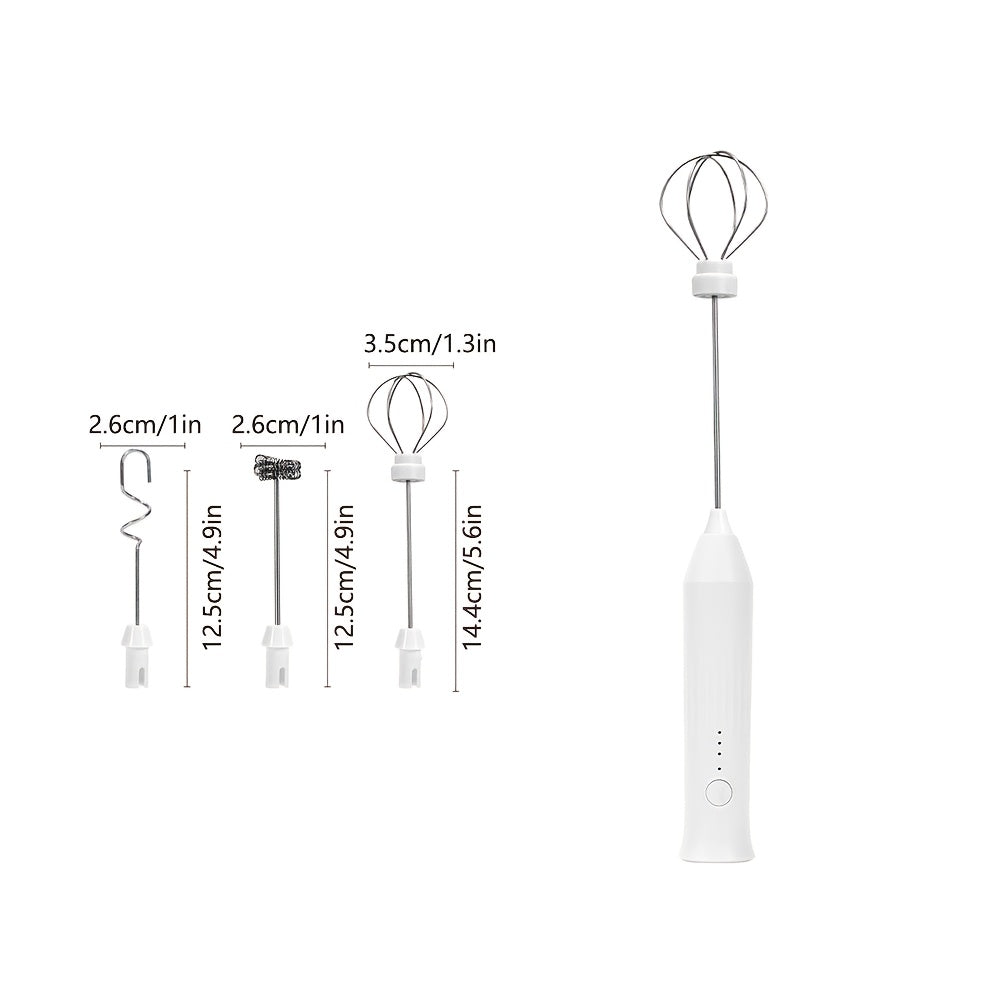 USB Rechargeable Handheld Milk Frother - 3 Interchangeable Blenders, 3-Speed Electric Blender with Stainless Steel Whisk, Egg Beater for Coffee, Matcha, Latte, Cappuccino And Hot Chocolate - Kitchen Gadgets