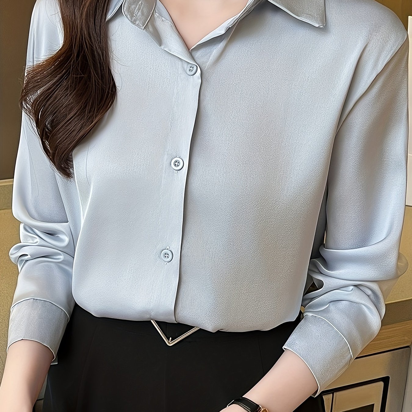 Womens Classic Solid Button Front Shirt - Flattering Long Sleeve Collar Design - Perfect for Work & Casual Office Wear - wardrobe Essential