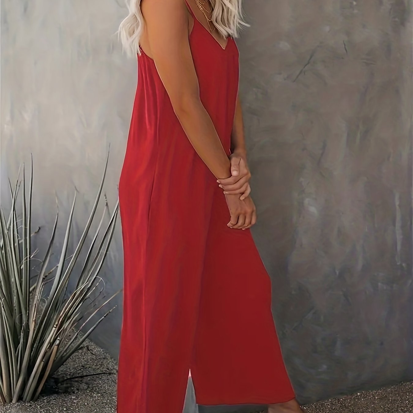 Plus Size Basic Jumpsuit, Women's Plus Solid V Neck Wide Leg Summer Cami Jumpsuit