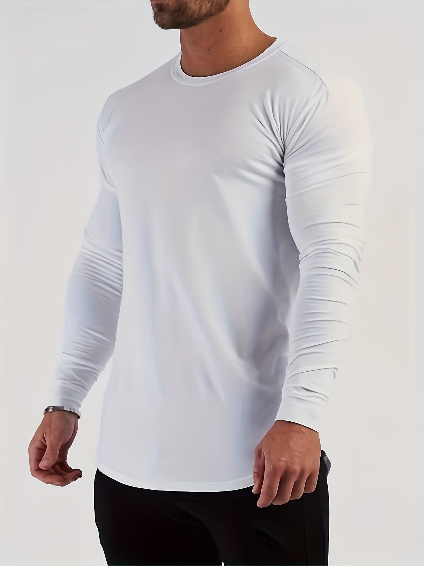 Mens Premium Solid Hue Slim Fit Long Sleeve Sports Shirt - Comfortable Crew Neck, Athletic for Fitness, Hiking & More - Versatile Top for Active Men