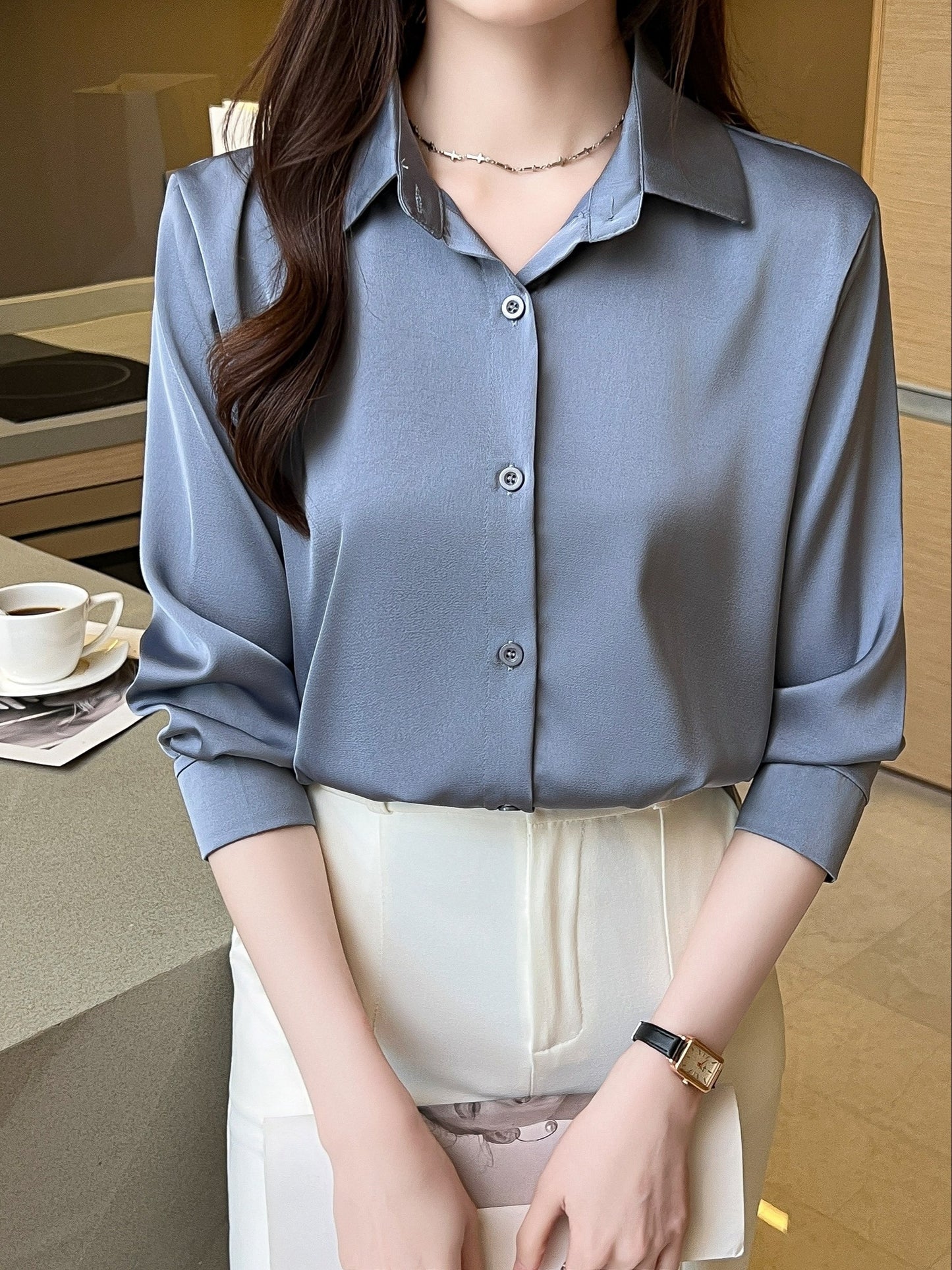 Womens Classic Solid Button Front Shirt - Flattering Long Sleeve Collar Design - Perfect for Work & Casual Office Wear - wardrobe Essential
