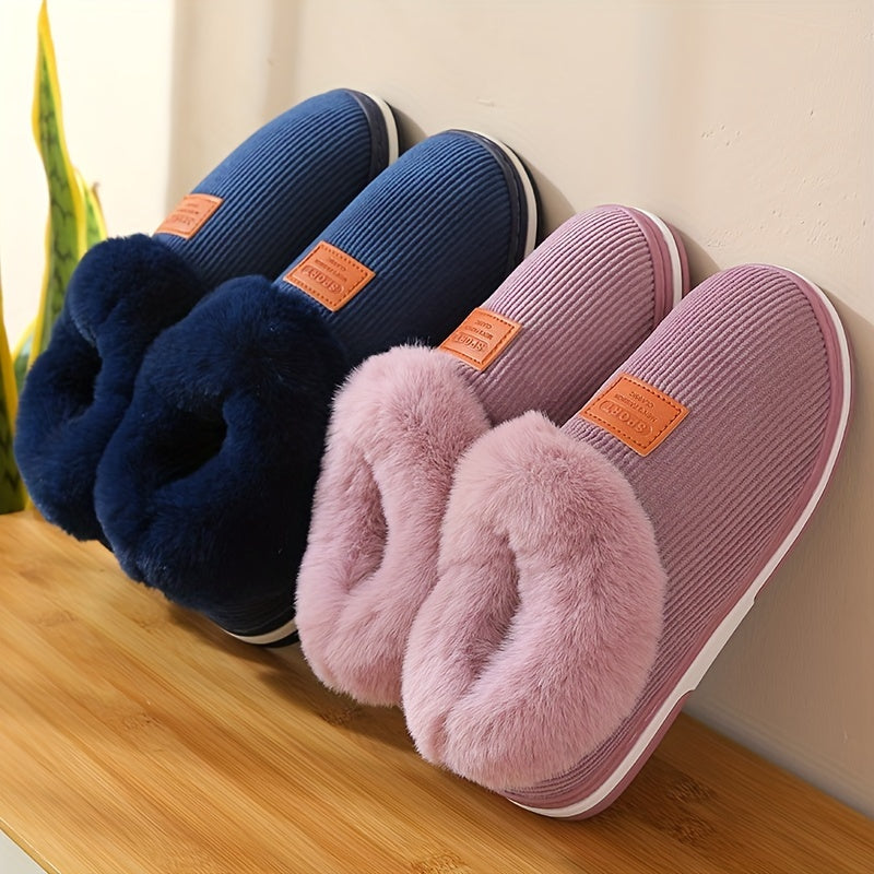 Warm & Comfy Women's Plush Lined Winter Indoor Slippers, Solid Slip On Anti-skid Slides Boots, House Slides