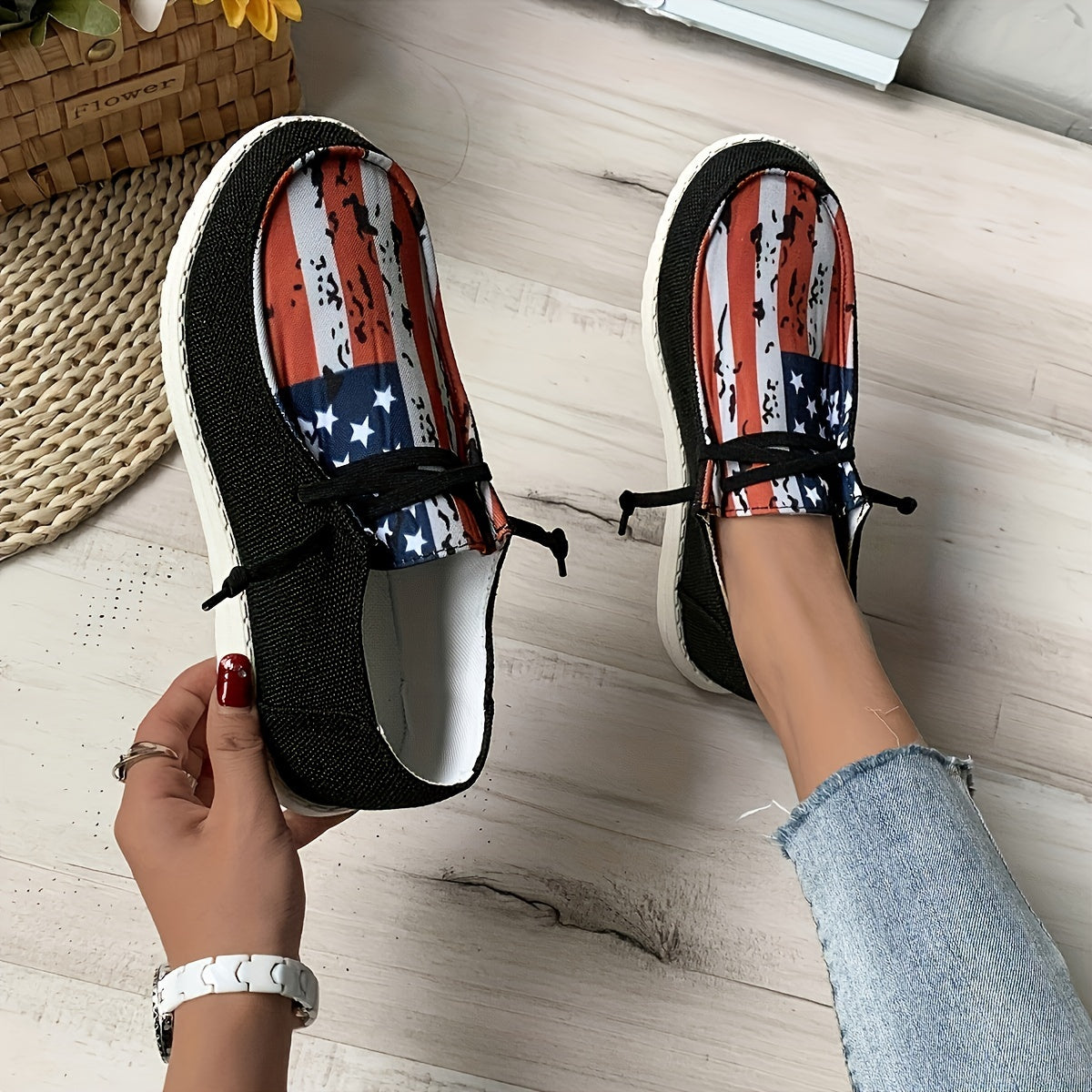 Stylish Womens Canvas Shoes - Breathable Mesh Inner, Geometric Pattern, Lightweight Rubber Sole, Round Toe, Casual Lace Up Sneakers for Outdoor Activities - Independence Day Flag Element Design