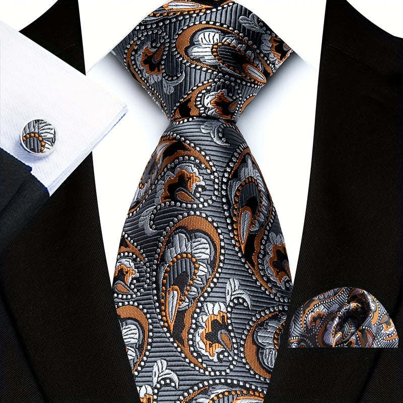 Three-Piece Gentlemans Accessory Set - Stylish Paisley Pattern Tie, Pocket Square, and Cufflinks - Perfect Gift Idea for Men on Special Occasions