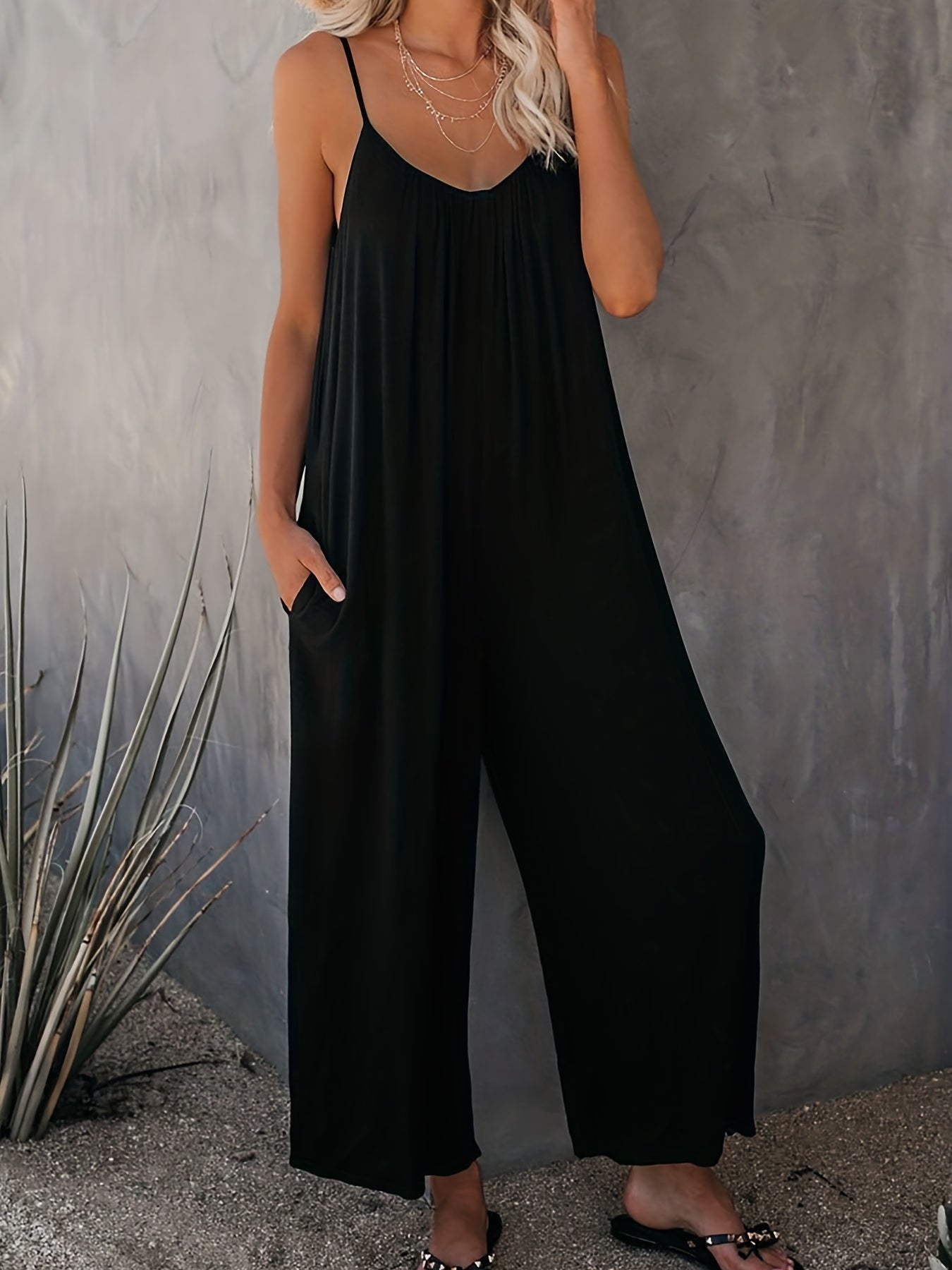 Plus Size Basic Jumpsuit, Women's Plus Solid V Neck Wide Leg Summer Cami Jumpsuit