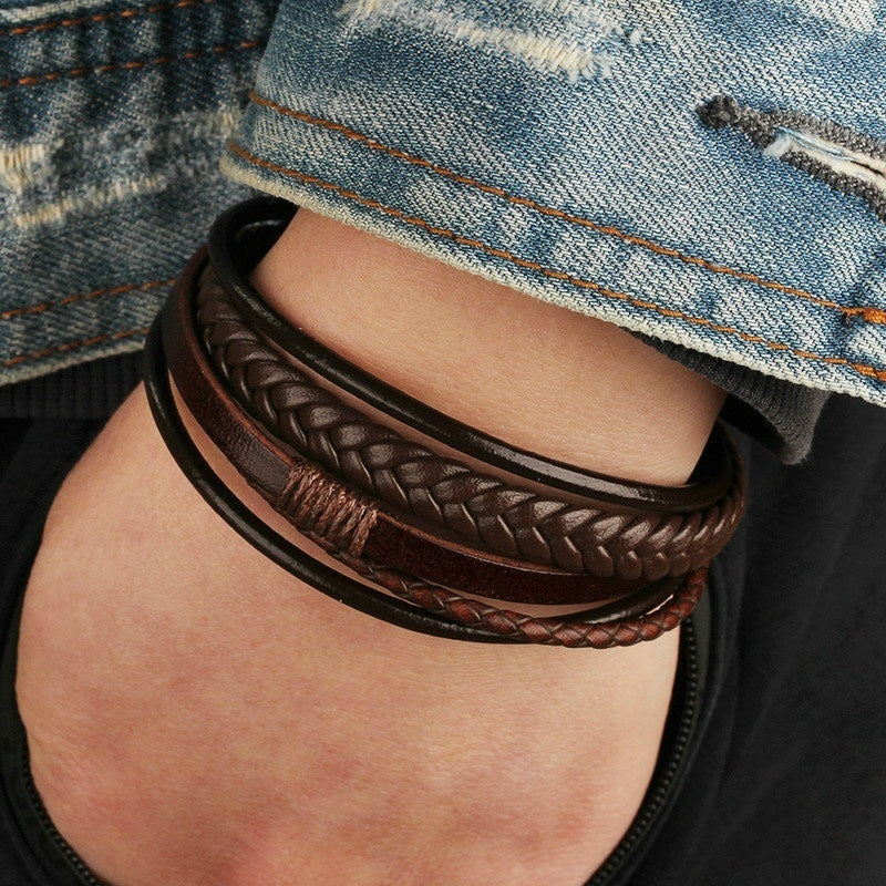1pc Men's Hand-Woven Multi-Layer Leather Bracelet with Buckle Closure - Stylish Faux Leather Cuff, Durable & Versatile Accessory for Casual or Formal Wear