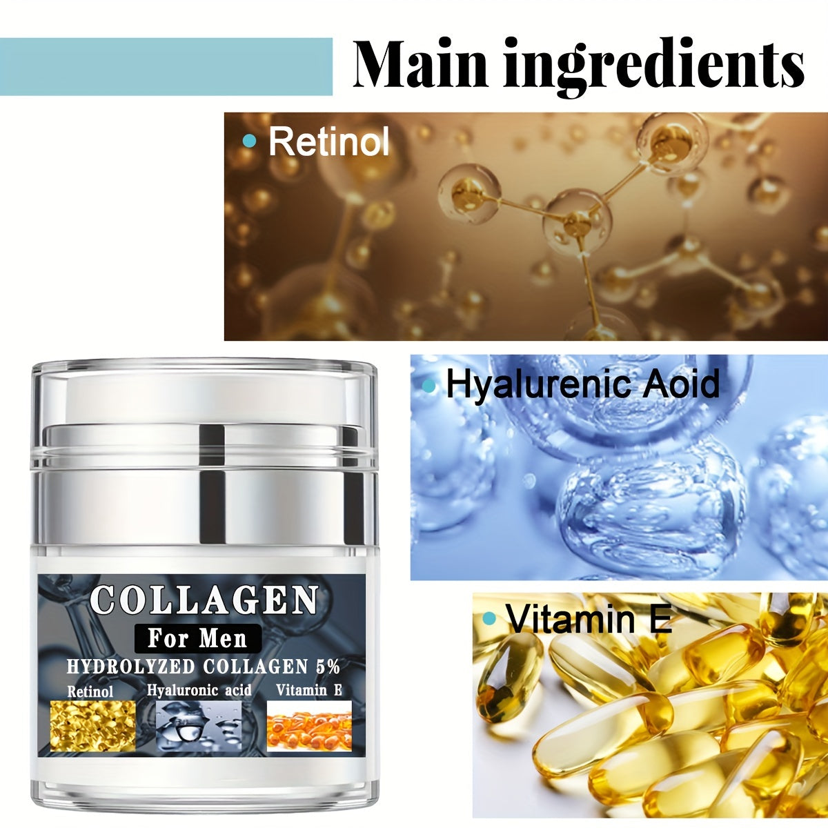 Men Face Cream, with Collagen, Retinol, Hyaluronic Acid, Vitamin E, Firm Skin, Moisturizing, Smooth Wrinkles, Shrinking Pore, 1.76 Oz (50g)