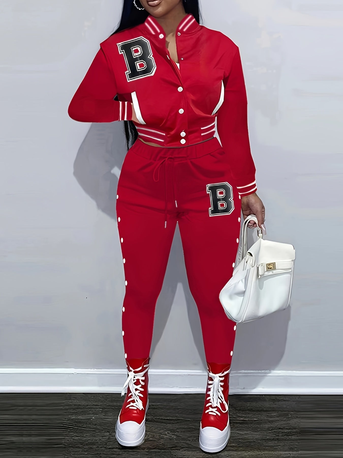 Women's Red Jacket and Pants Set - Casual Polyester with Letter "B" Patches, Button Closure, and Striped Accents