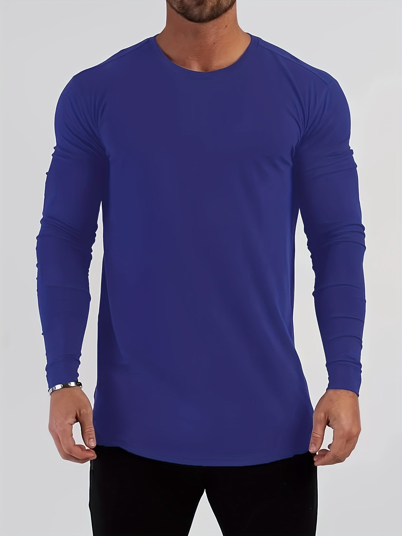 Mens Premium Solid Hue Slim Fit Long Sleeve Sports Shirt - Comfortable Crew Neck, Athletic for Fitness, Hiking & More - Versatile Top for Active Men