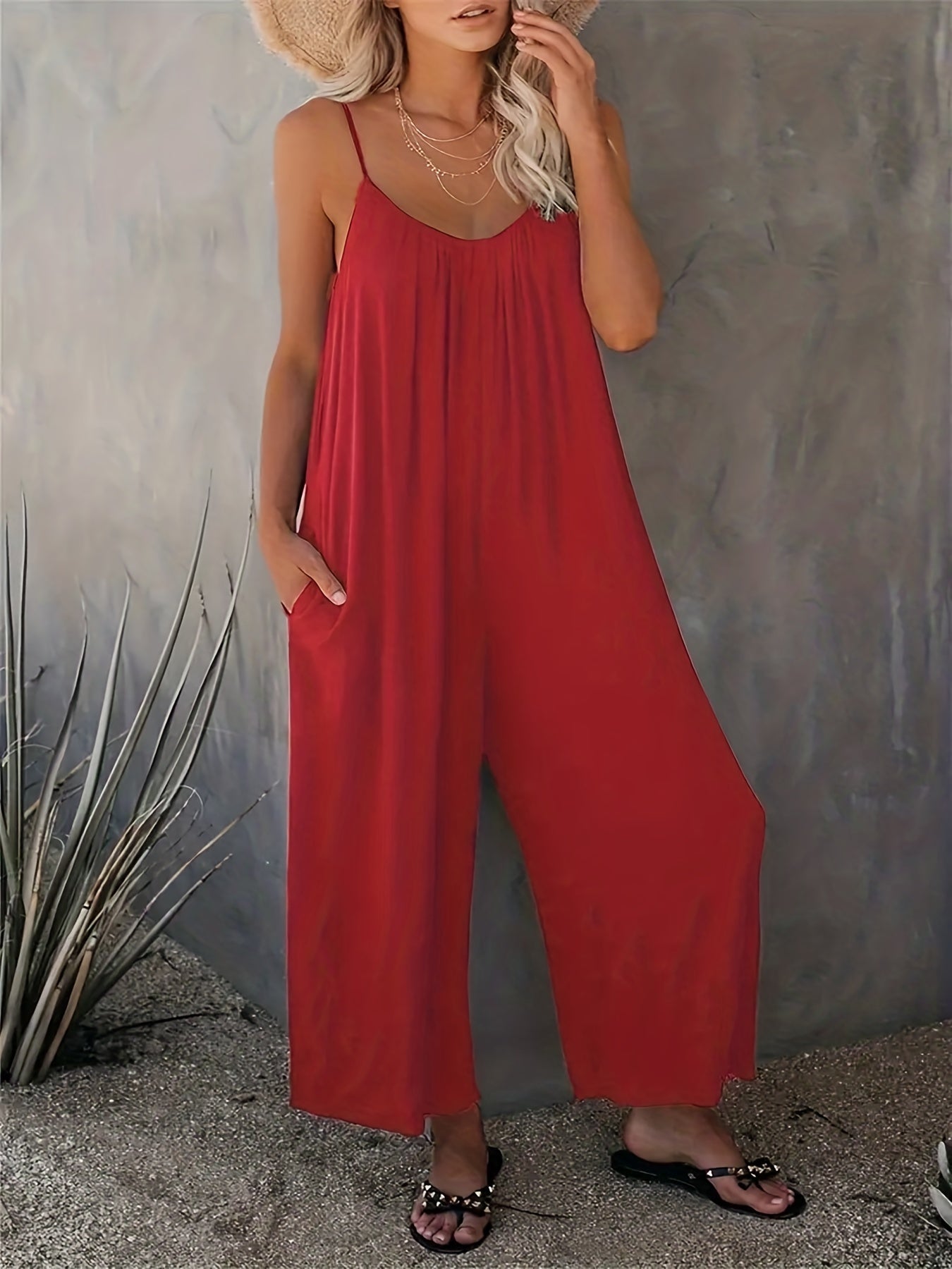 Plus Size Basic Jumpsuit, Women's Plus Solid V Neck Wide Leg Summer Cami Jumpsuit