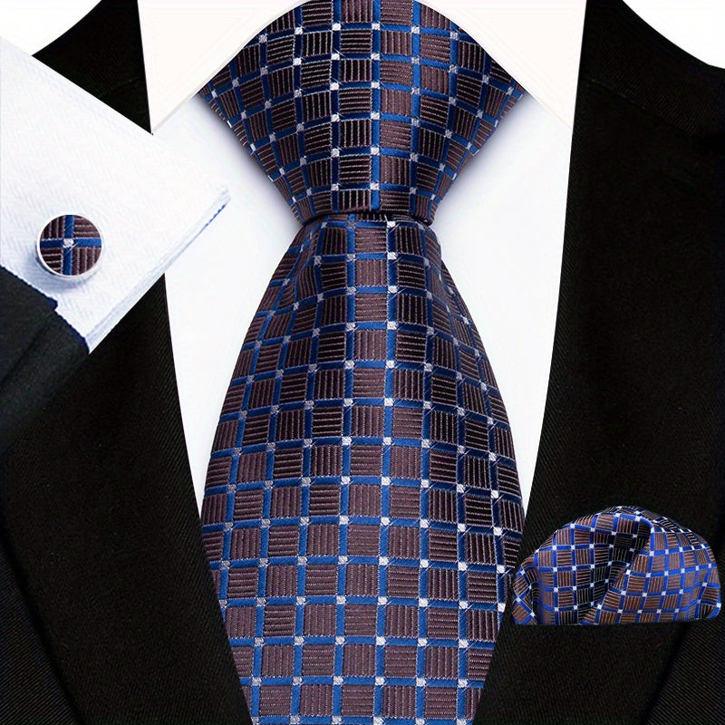 Men's Floral Paisley Striped Plaid Necktie & Handkerchief & Cufflink Set, Formal Business Wedding Necktie Set, Ideal Choice For Gifts