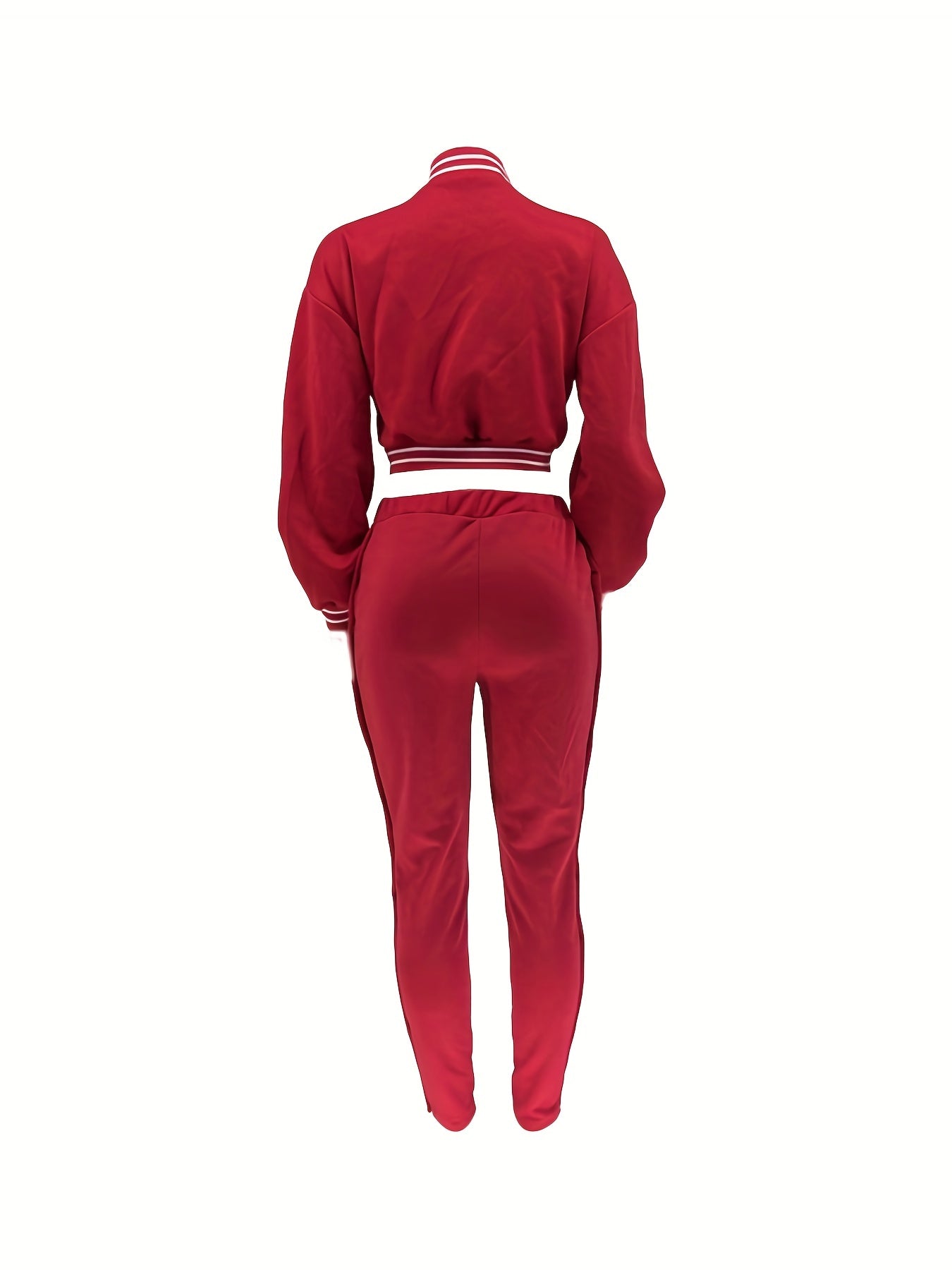 Women's Red Jacket and Pants Set - Casual Polyester with Letter "B" Patches, Button Closure, and Striped Accents