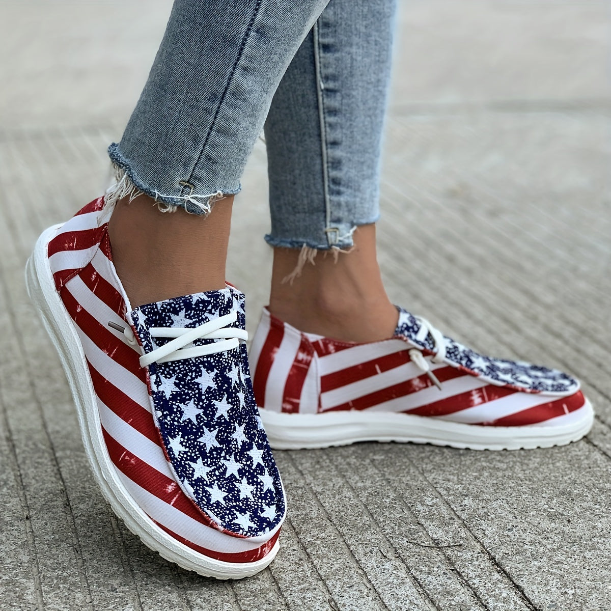 Stylish Womens Canvas Shoes - Breathable Mesh Lining, Fabric Insole, Random Stripe Pattern, Rubber Sole, Round Toe, Lightweight Low Top Design for Casual Outdoor Activities - Independence Day Flag Element
