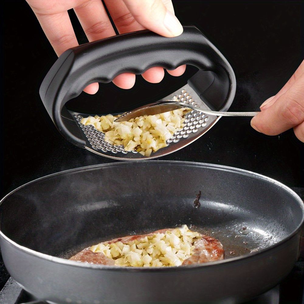 1pc Manual Garlic Crusher Ring - Stainless Steel Garlic Press for Restaurants & Supermarkets - Black Vegetable Cutter & Masher - Kitchen Gadgets for Chopping Garlic & Vegetables