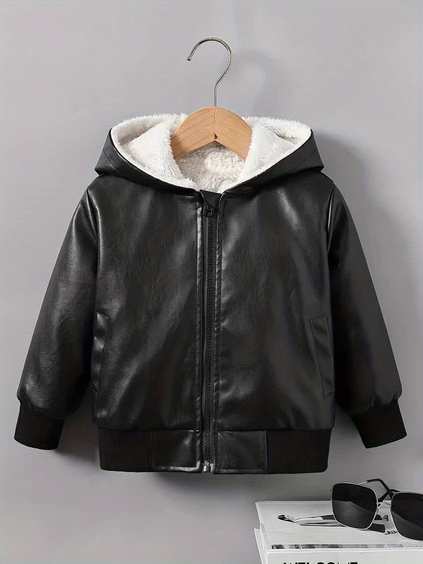 Boys' Faux Leather Jacket with Fleece Lining - Thickened Winter Coat, Full-Zip Front Closure, Machine Washable, Casual Style for Fall/Winter, Regular Fit