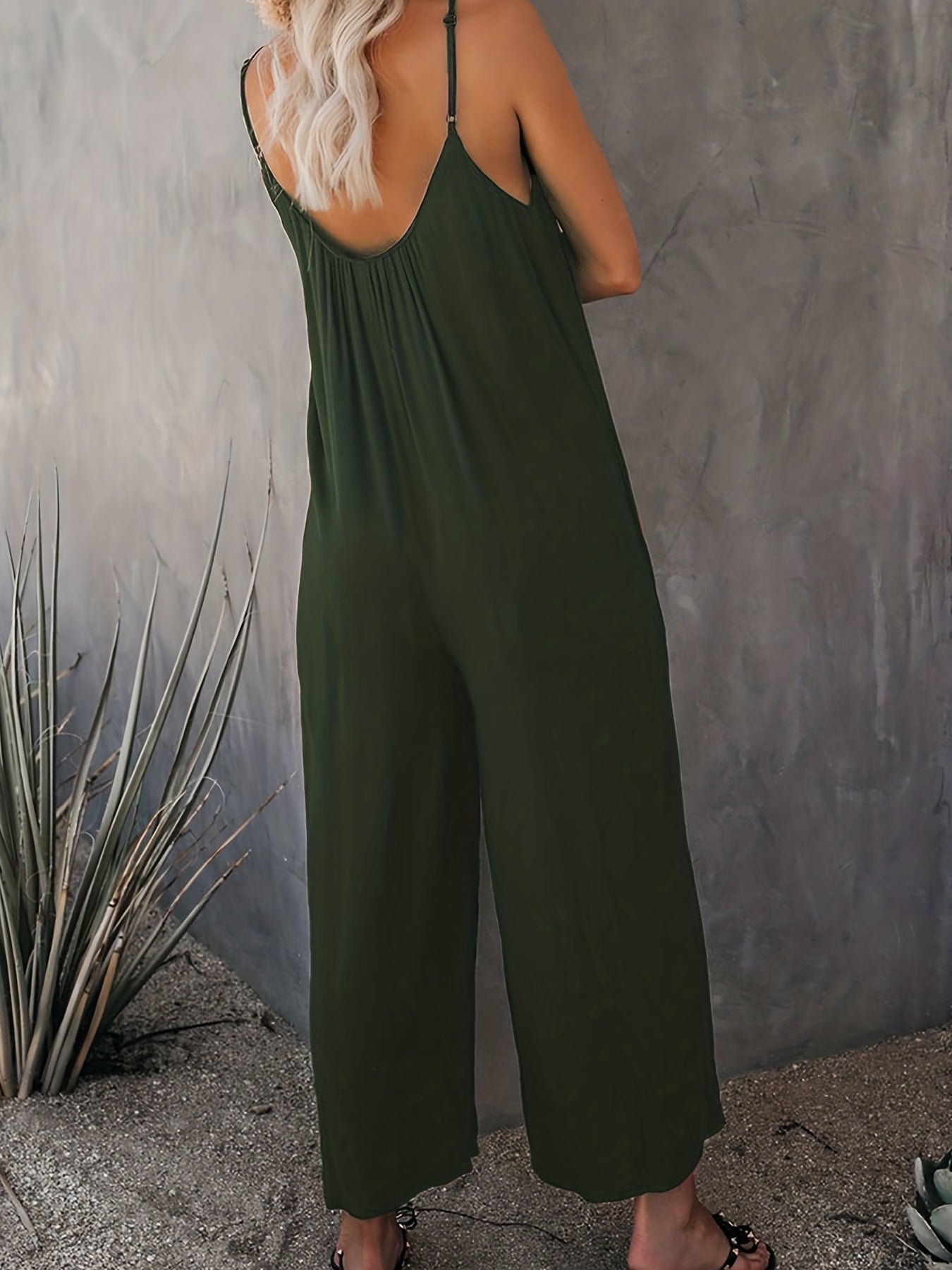 Plus Size Basic Jumpsuit, Women's Plus Solid V Neck Wide Leg Summer Cami Jumpsuit