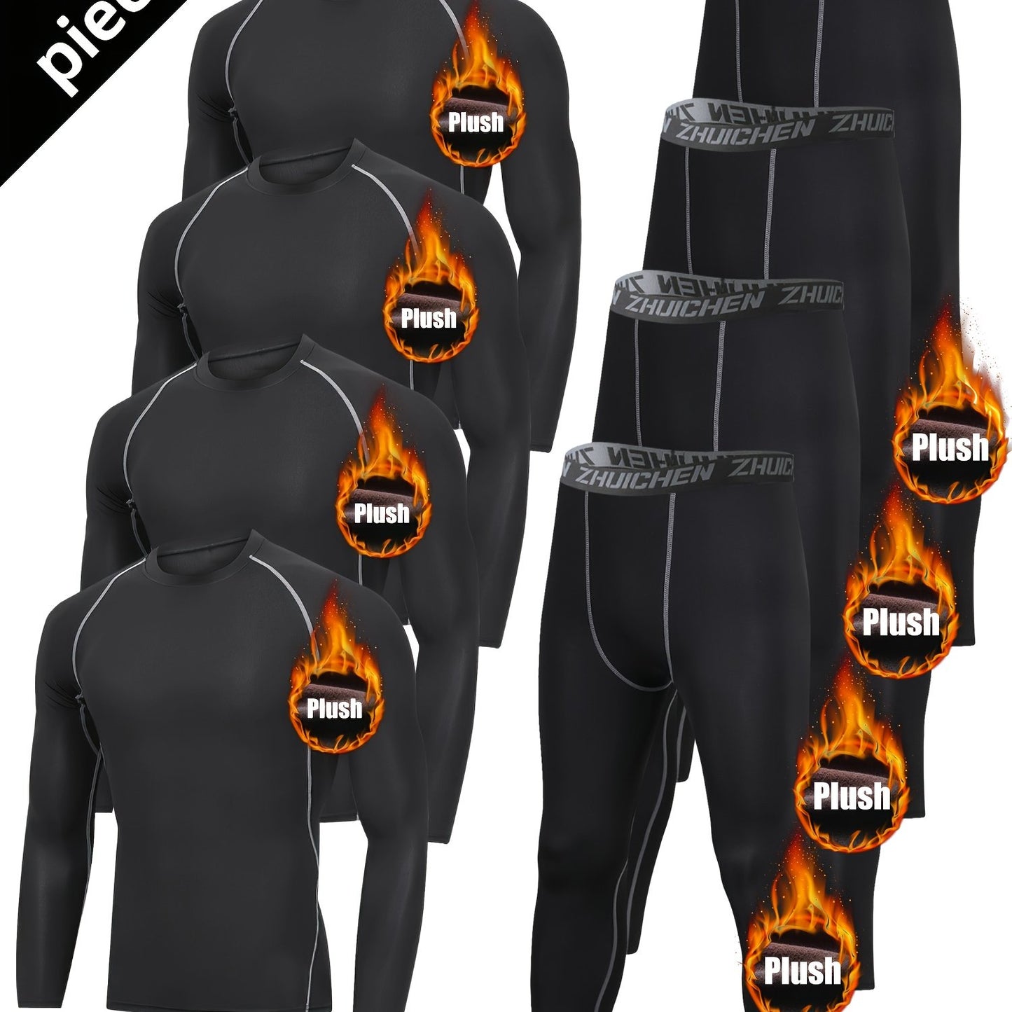 8pcs Men's Fleece Athletic Set - Full-Body Tight-Fit Gym & Suit, Polyester Knit Thermal Outfit for Winter Sports, Running, Hiking, Basketball & Cycling, Warm Sports Wear, Winter Sportswear, Winter Gym Clothes, Winter Sports W