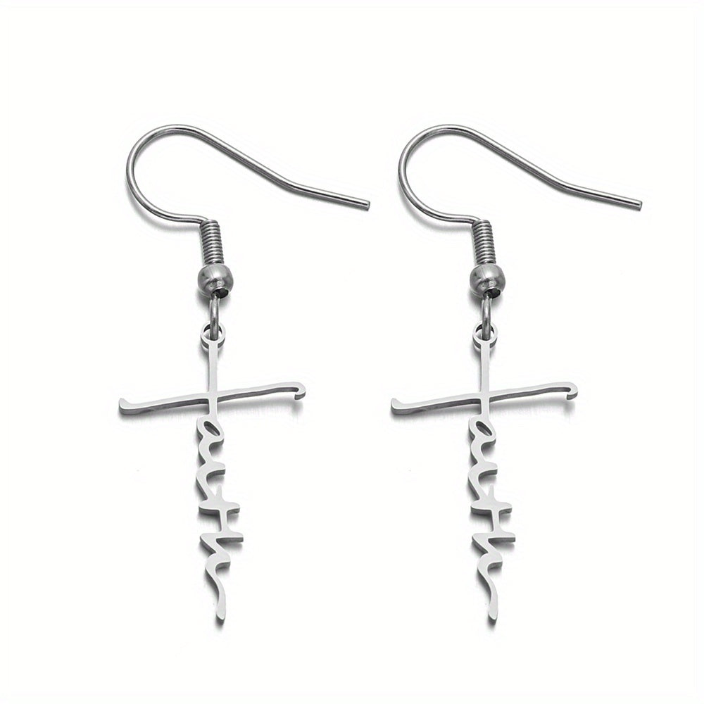 Stainless Steel Cross Heart Pendant Earrings Design Creative Elegant Dangle Earrings Silvery Plated Jewelry Women Gift, Perfect for Winter, New Year