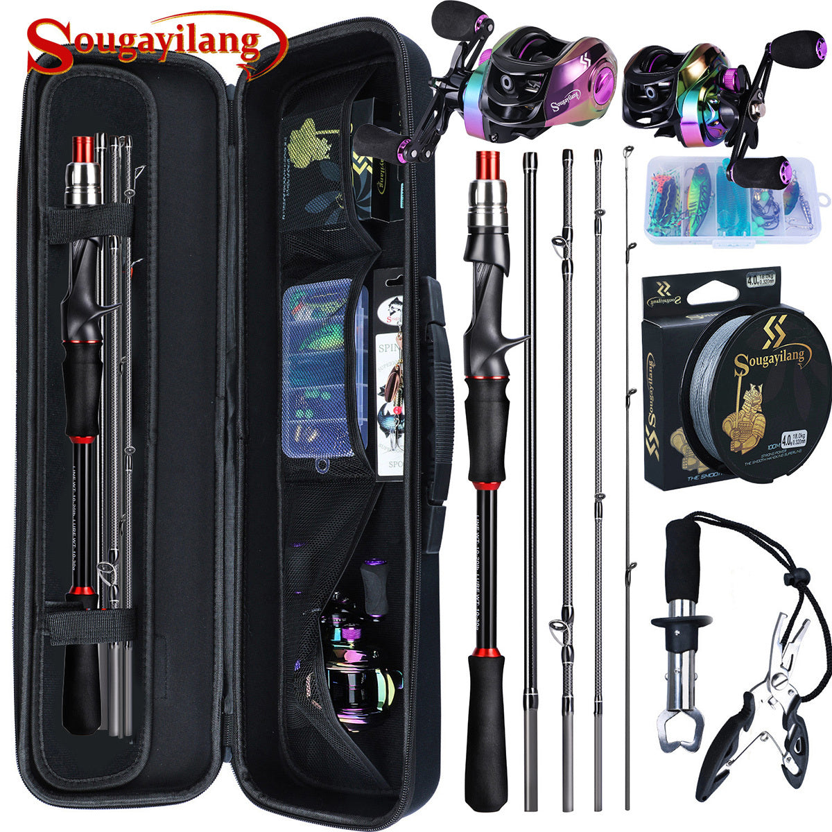 Sougayilang [Basic Style ] Fishing Tackle Set, Including 6ft/1.8m 5-Sections Carbon Fiber Fishing Rod, Colorful 7.2: Gear Ratio Fishing Reel, Fish Line, Fishing Bait And Other Accessories
