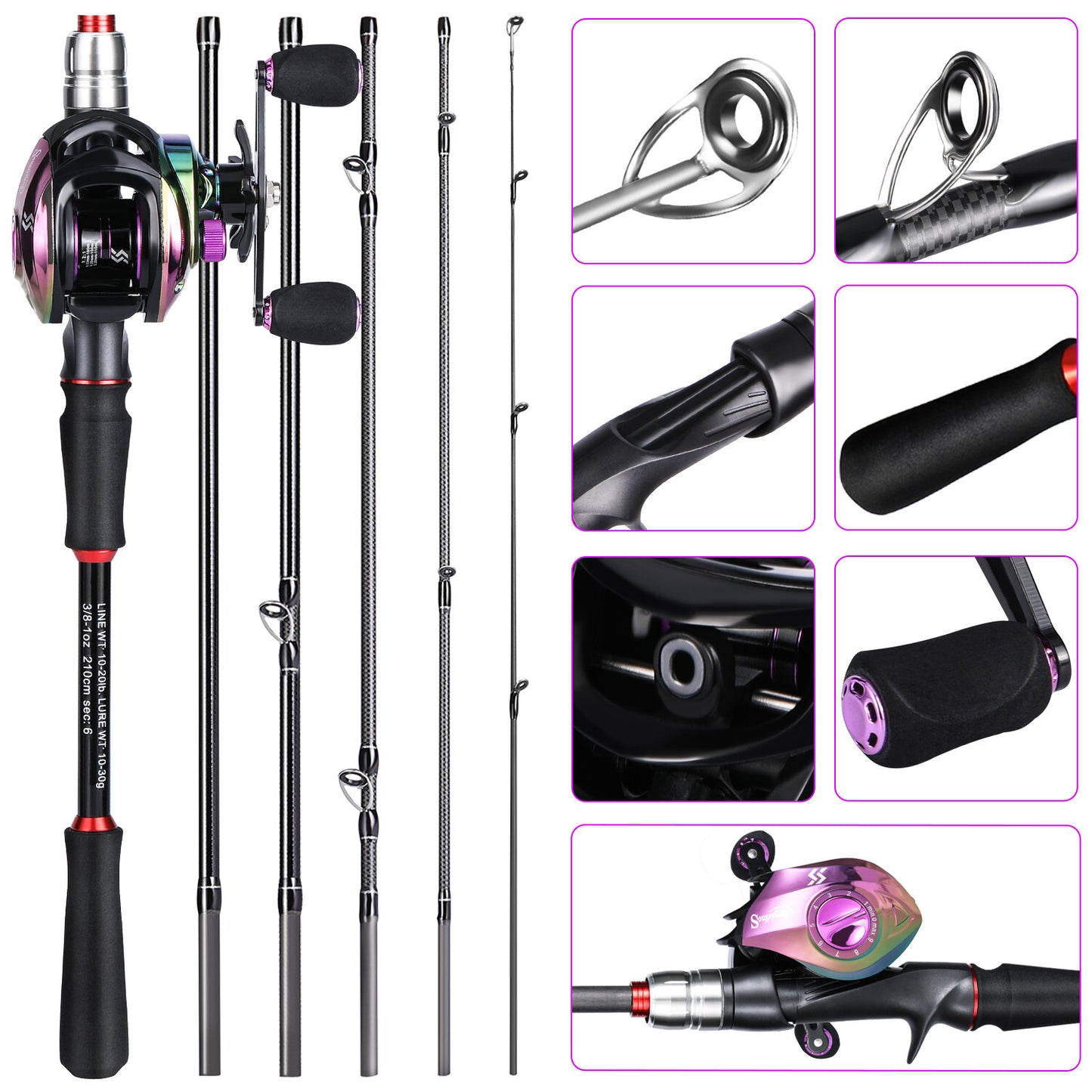 Sougayilang [Basic Style ] Fishing Tackle Set, Including 6ft/1.8m 5-Sections Carbon Fiber Fishing Rod, Colorful 7.2: Gear Ratio Fishing Reel, Fish Line, Fishing Bait And Other Accessories