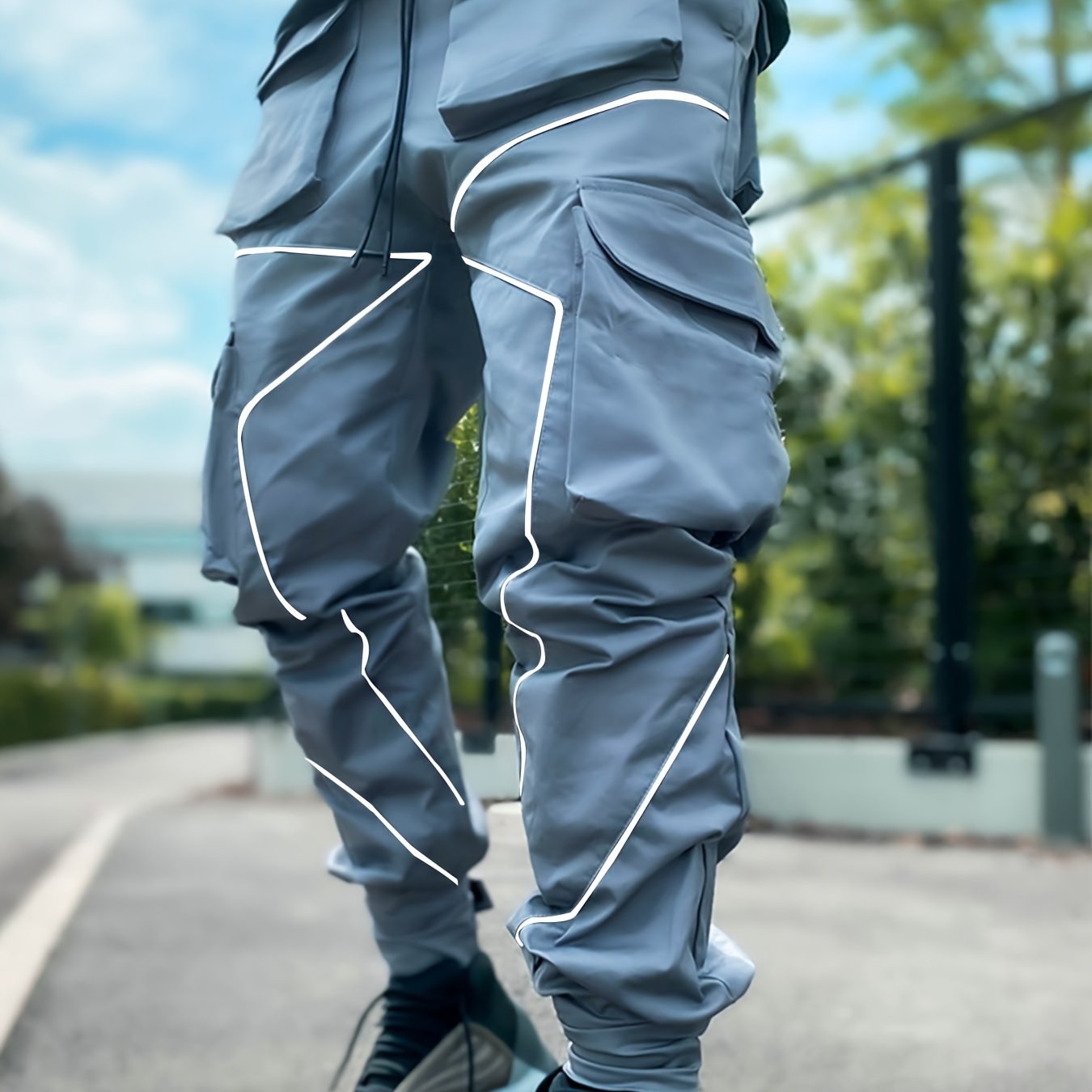 Mens Cargo Pants with High-Visibility Luminous Trim - Comfortable Casual Style for Outdoor Adventures - Spacious Multi Pockets & Adjustable Drawstring Waist - Perfect for Spring and Fall