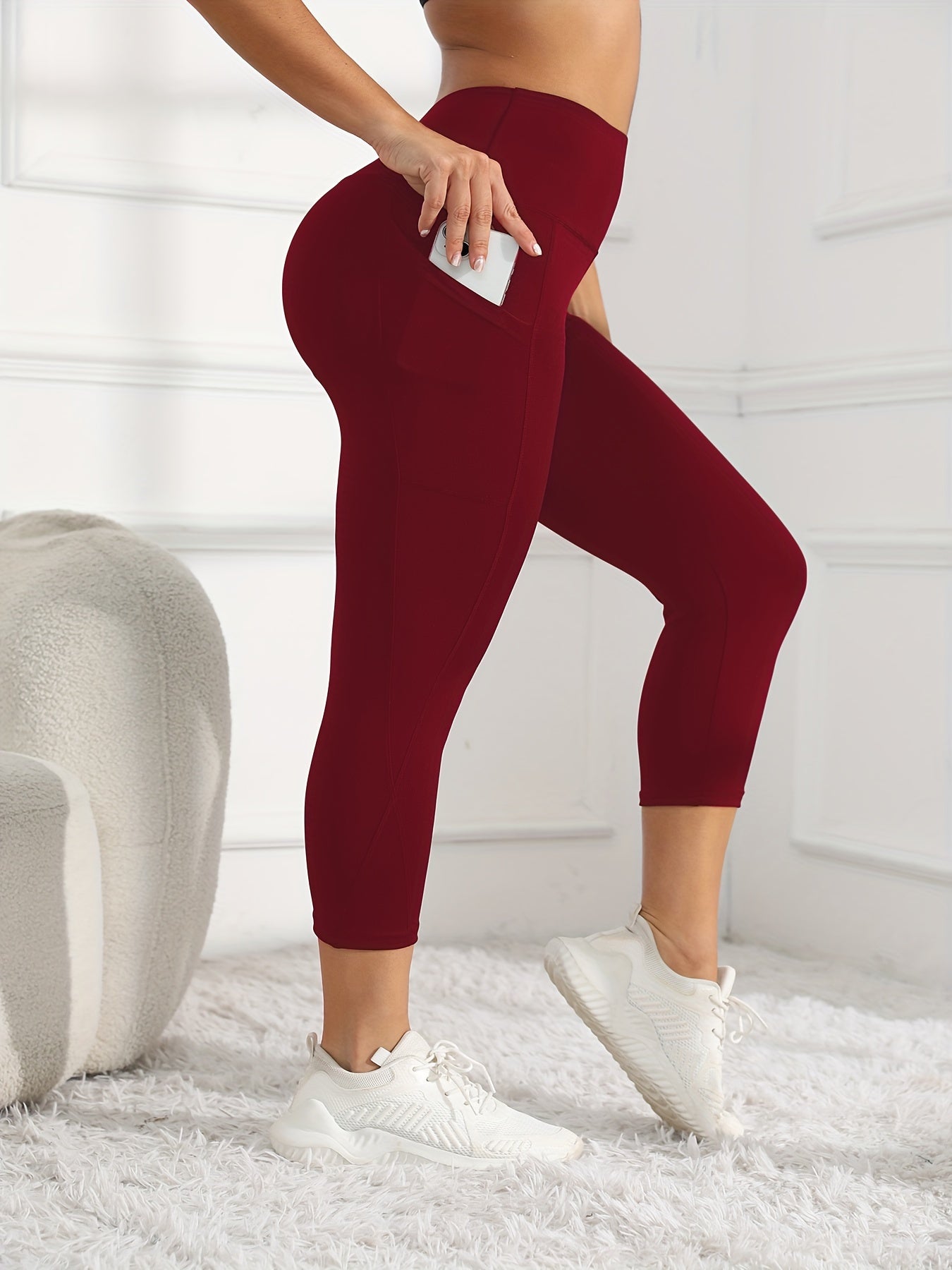 Women's High-Waisted 7/8 Length Leg Workout Leggings - Full-Length Leg Muscle-Building Gym Pants with Pockets, Solid Green Yoga Pants for Cycling, Pilates, Training | All-Season Fitness Pants with 7/8th Leg Coverage, Smooth T