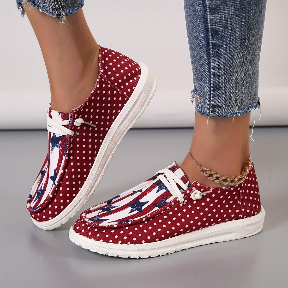Stylish Womens Canvas Shoes - Breathable Mesh Inner, Geometric Pattern, Lightweight Rubber Sole, Round Toe, Casual Lace Up Sneakers for Outdoor Activities - Independence Day Flag Element Design