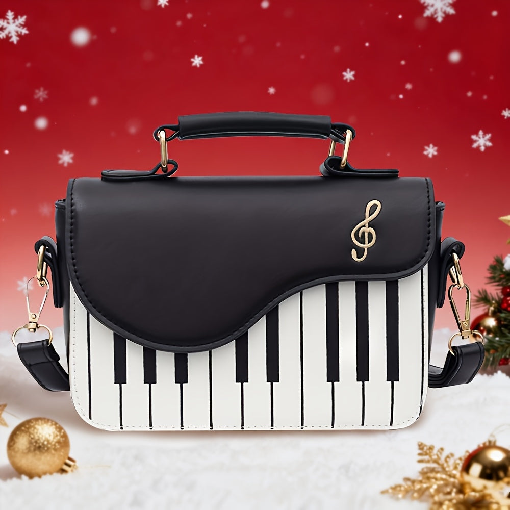 Women'S Piano Key Crossbody Bag - & Musical Note Design with Golden-Tone Hardware, Zipper Closure & Golden-Tone Hardware, Satchel Purse For Evening Events, Concerts, Casual Outings - Durable & Easy-clean, Concert Accessory, S