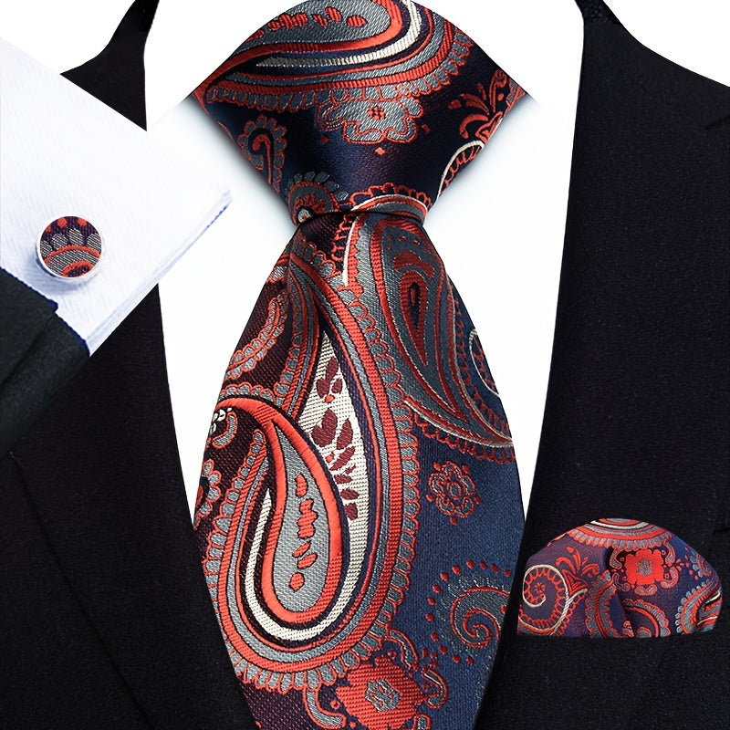 Three-Piece Gentlemans Accessory Set - Stylish Paisley Pattern Tie, Pocket Square, and Cufflinks - Perfect Gift Idea for Men on Special Occasions
