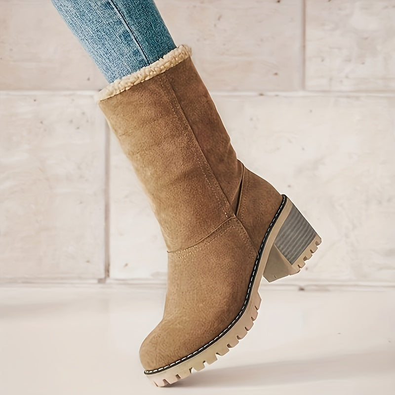 Women's Warm Faux Fur Lined Boots, Slip On Block Heeled Ankle Boots, Women's Footwear