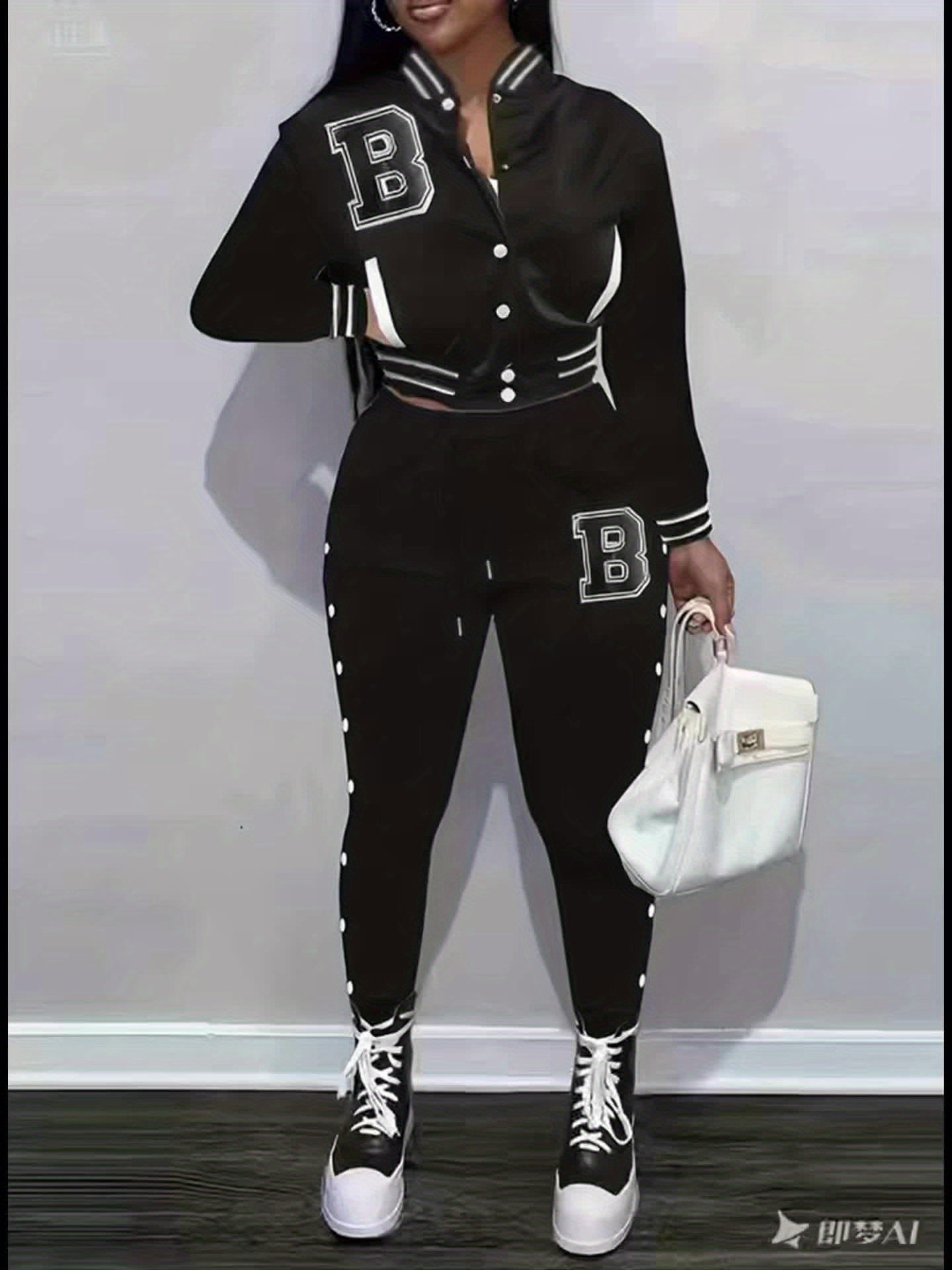 Women's Red Jacket and Pants Set - Casual Polyester with Letter "B" Patches, Button Closure, and Striped Accents