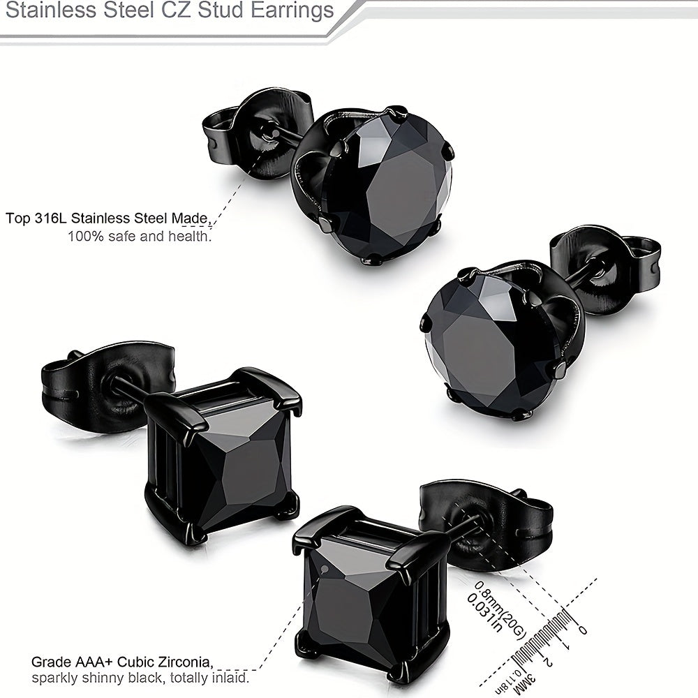 2 Pairs Stainless Steel Unisex CZ Stud Earrings - Durable Hypoallergenic, Jet Black, Sparkling Cubic Zirconia, Perfect for Men & Women