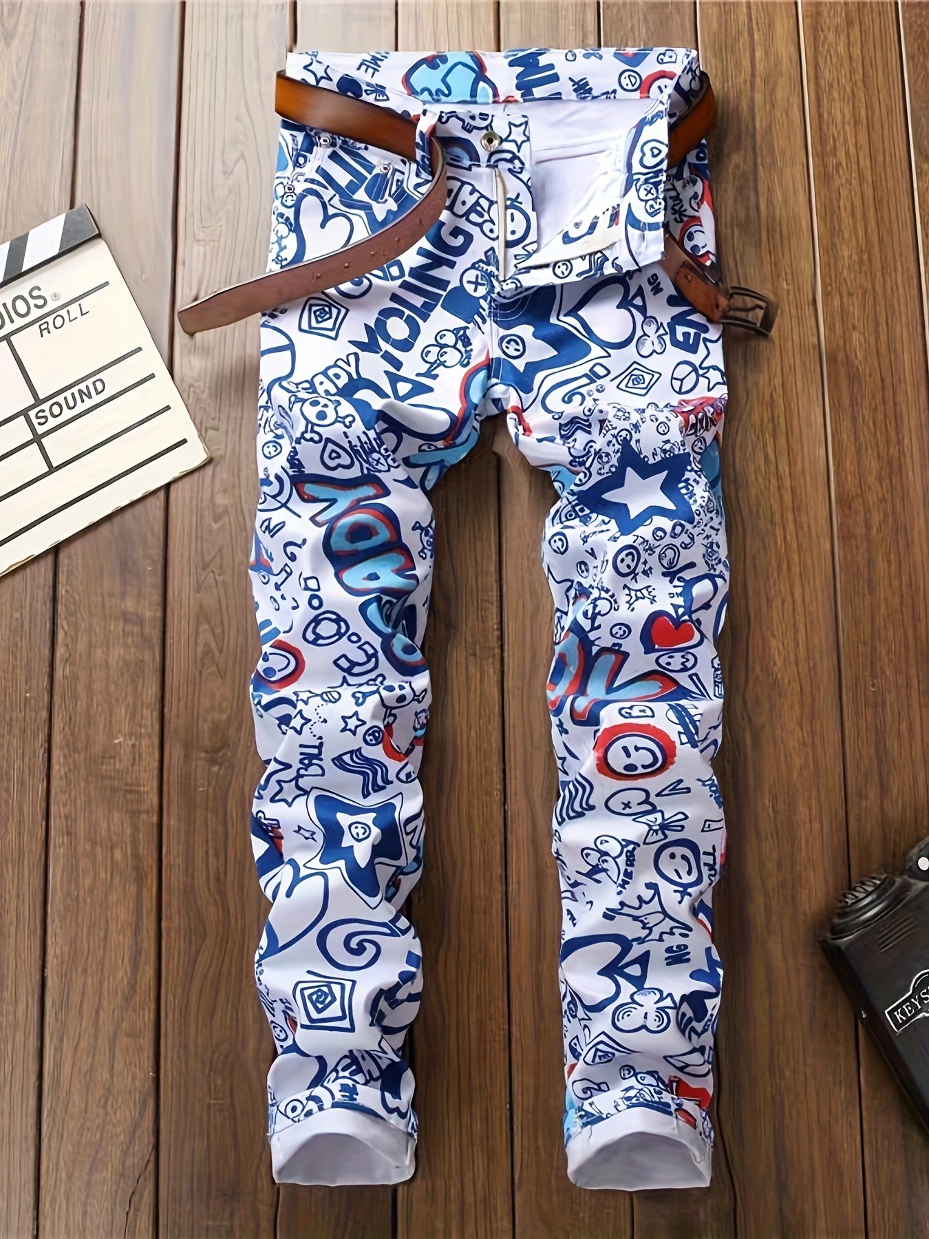 Stylish Punk Chic Slim Fit Jeans - Ultra-Comfortable Stretch Denim, All-Over Print, Casual Street Style, Versatile for All Seasons, Perfect for Men's Daily Wear