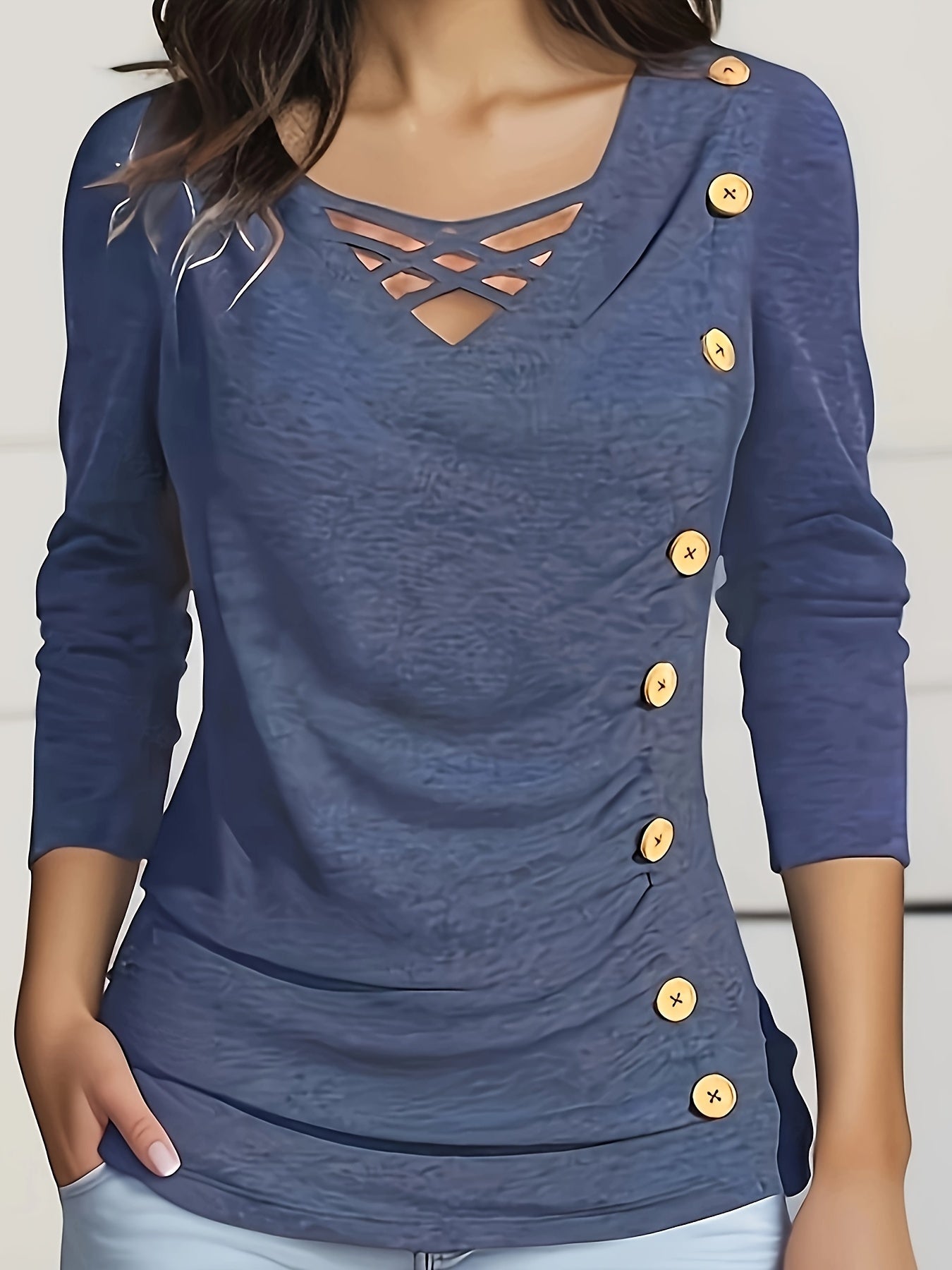 Stylish Ruched Crisscross V Neck Long Sleeve Top - Elegant Button Detail, Soft Fabric, Relaxed Fit, Women's Fashion Clothing for Everyday Wear