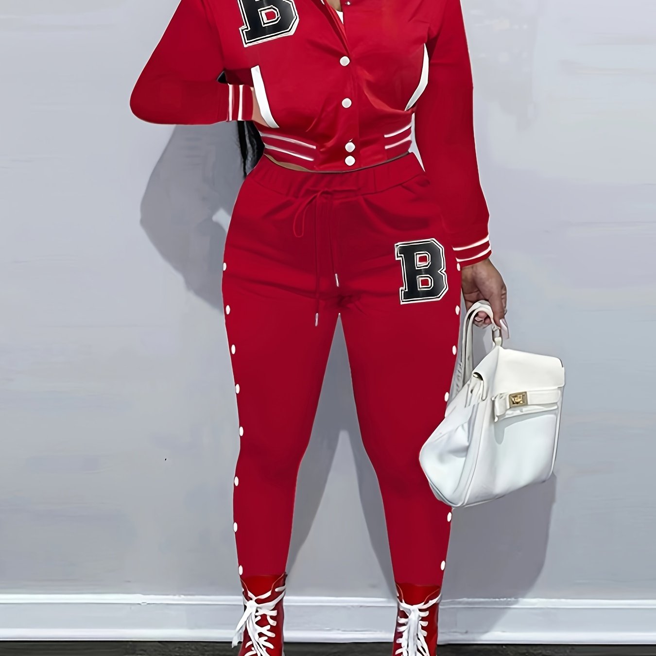 Women's Red Jacket and Pants Set - Casual Polyester with Letter "B" Patches, Button Closure, and Striped Accents