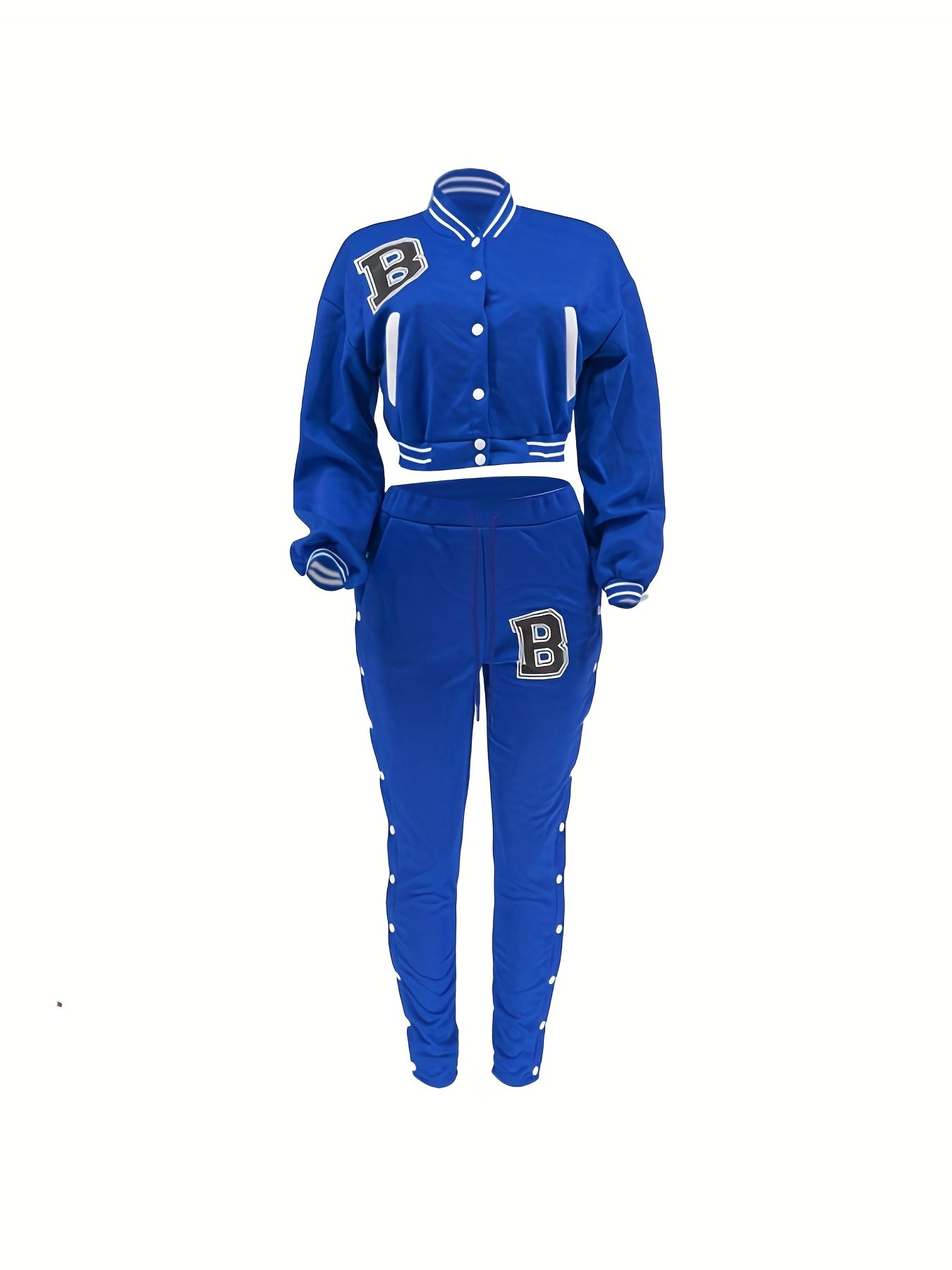 Women's Red Jacket and Pants Set - Casual Polyester with Letter "B" Patches, Button Closure, and Striped Accents