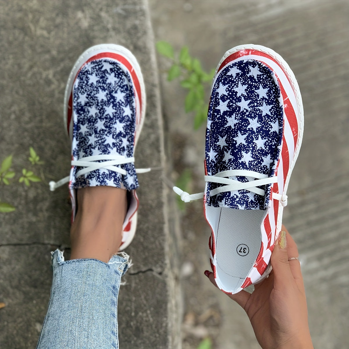 Stylish Womens Canvas Shoes - Breathable Mesh Lining, Fabric Insole, Random Stripe Pattern, Rubber Sole, Round Toe, Lightweight Low Top Design for Casual Outdoor Activities - Independence Day Flag Element