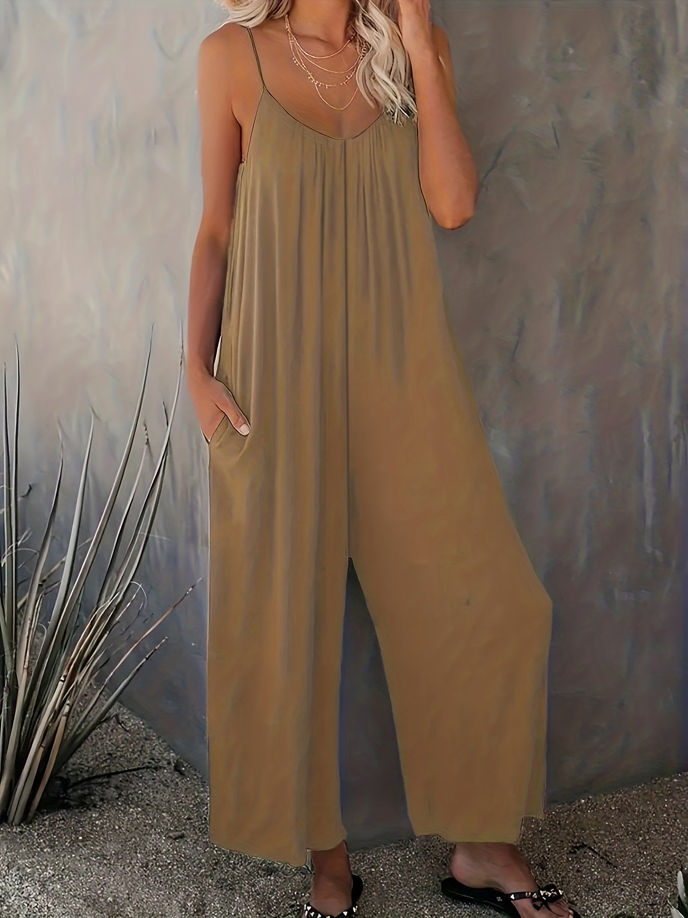 Plus Size Basic Jumpsuit, Women's Plus Solid V Neck Wide Leg Summer Cami Jumpsuit