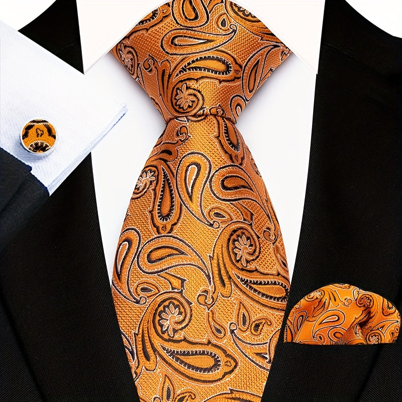 Men's Floral Paisley Striped Plaid Necktie & Handkerchief & Cufflink Set, Formal Business Wedding Necktie Set, Ideal Choice For Gifts