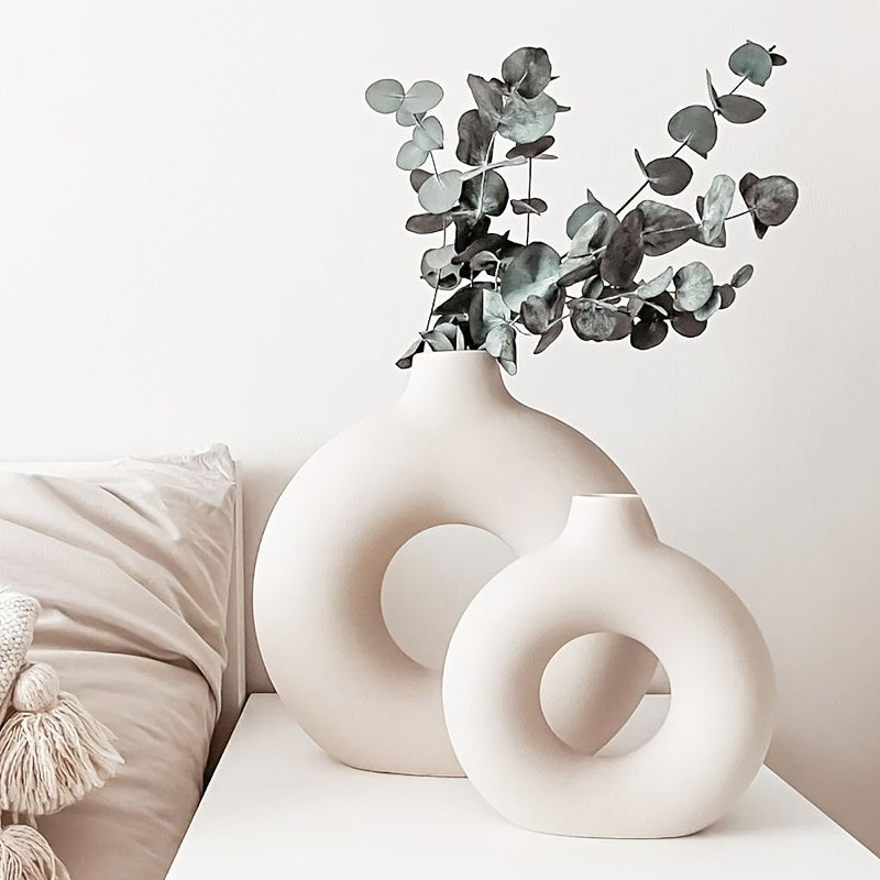 1pc Contemporary Ceramic Vase, Round Circle Design, Creative Ceramic Craft, Living Room Decor, Cross-Border Bestseller, 5.12*5.51inch Decorative Flower Vase